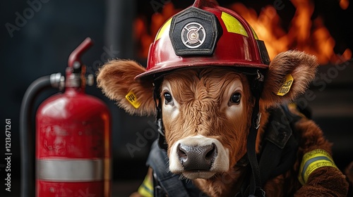 Cow wearing firefighters helmet and sitting beside a fire extinguisher