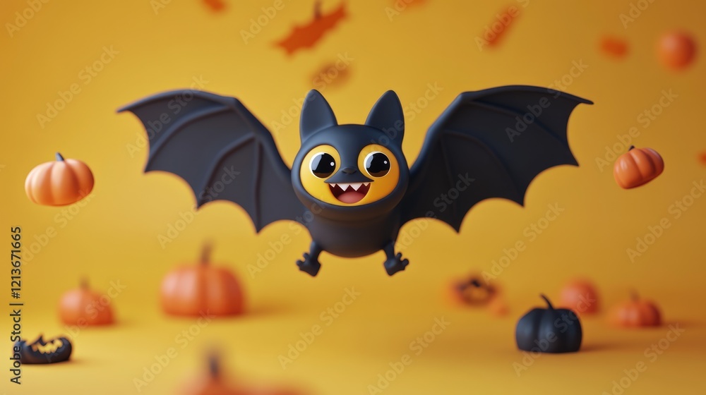 Cute 3D cartoon bat with a kawaii face floating in a positive Halloween render Designed in a miniature plastic style Cute 3D cartoon bat with a kawaii face floating in a positive Halloween render Designed in a miniature plastic style