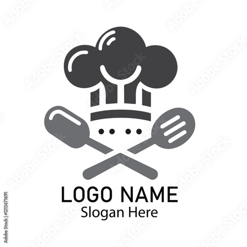 Chef logo featuring tools and hat. Ideal for restaurant branding or food-related business identity representation.