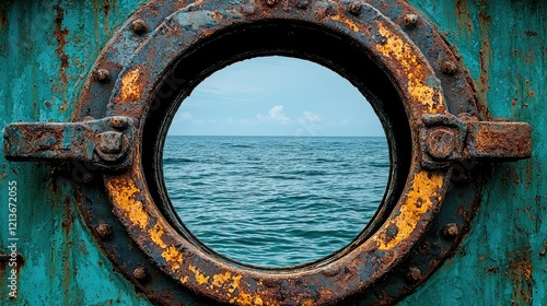 Rusted porthole reveals a tranquil ocean view