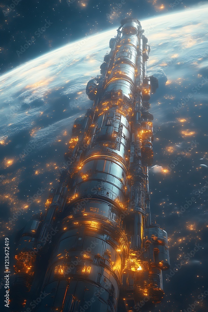 Futuristic spaceship ascends above Earth. Futuristic spaceship ascends above Earth.
