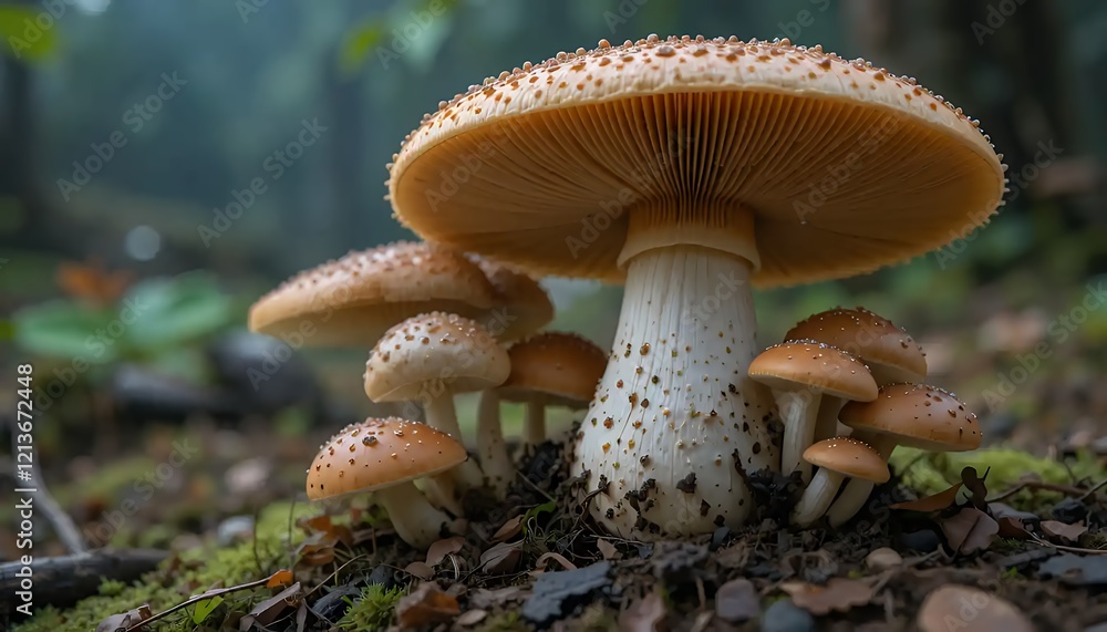 Fototapeta premium Close-up view of a cluster of mushrooms thriving on the forest floor, showcasing intricate details of their caps, stems, and surrounding moss and soil. The image captures the vibrant natural colors an