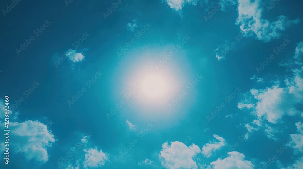 Obraz premium A minimalist photo of a vibrant blue sky, with the sun shining brightly in the center, creating a glowing focal point.