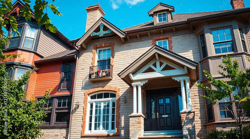 Fototapeta premium Luxury Brick Townhouse Exterior: Architectural Design and Real Estate Photography