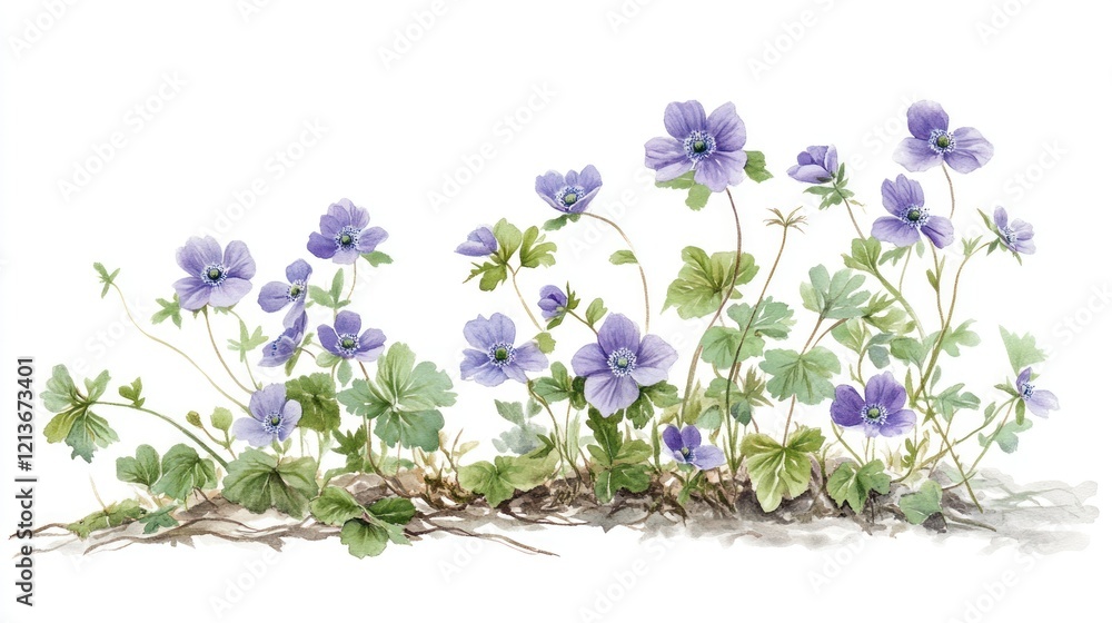 custom made wallpaper toronto digitalA natural arrangement of Anemone hepatica, featuring clusters of delicate blue-violet flowers and fresh green leaves, set against a white backdro