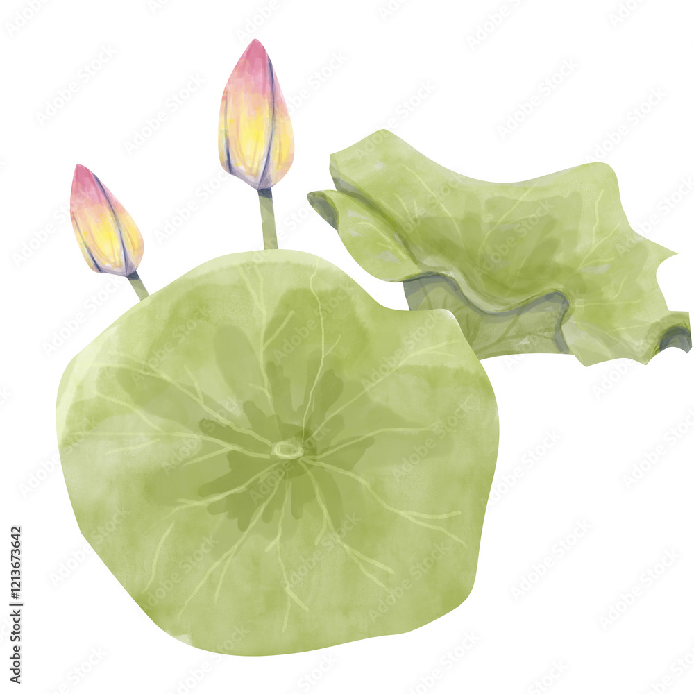 Naklejka premium Watercolor Lotus Illustration: Leaves and Buds, Ready Template Composition for Printing, Web and Textiles