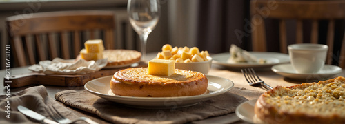 Traditional lefse with butter in cozy dining room, nostalgic warmth photo