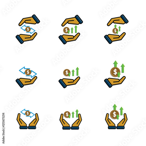 coin icon. money in hand. money management vector, business and finance icon, showing continuous movement. flat color design style
