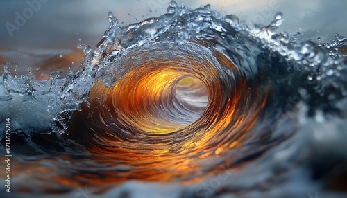 Golden sunset light through ocean wave curl at beach