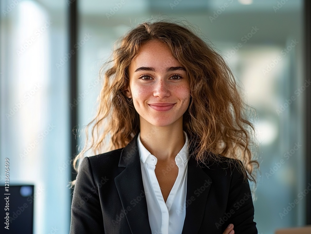 Fototapeta premium Professional business portrait of confident woman in office setting natural lighting empowerment theme