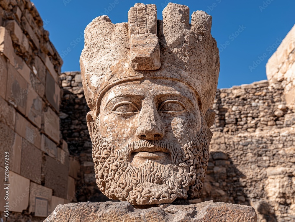 Obraz premium Ancient stone head sculpture of a king with a beard and crown