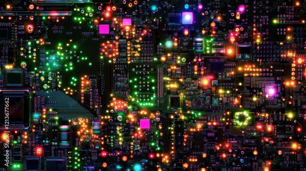 Obraz premium A visually dynamic image of a motherboard, with glowing circuits, intricate pathways, and scattered digital data points in vibrant clarity