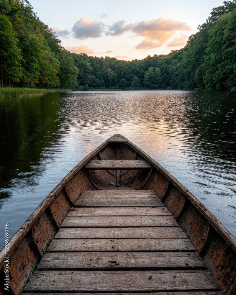 Obraz premium Wooden boat on calm lake at sunset