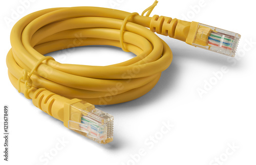 Quadro su tela close-up of yellow ethernet cable with two rj45 connectors on both ends coiled u