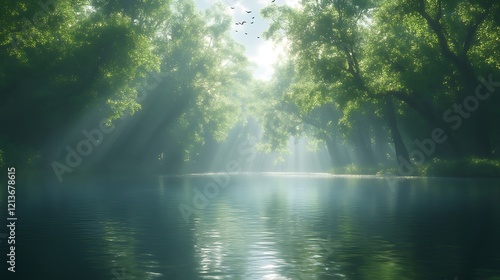 Sunbeams illuminate a tranquil river flowing through a lush green forest.