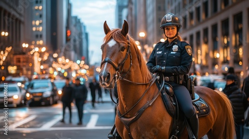 A woman in a police uniform is mounted on a brown horse in a bustling urban street. City lights twinkle as traffic moves around her, creating a lively atmosphere at dusk.