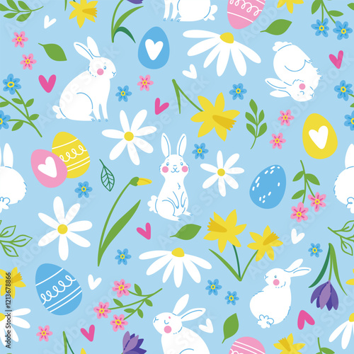 Cute hand drawn seamless pattern. Bunnies, Easter eggs and flowers. Happy Easter design for textiles, banners, wallpapers, wrapping.