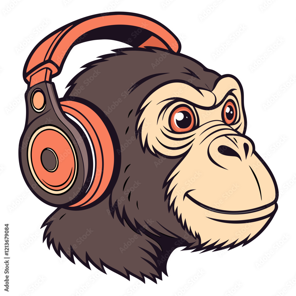 Obraz premium Monkey head with headphones vector art illustration.