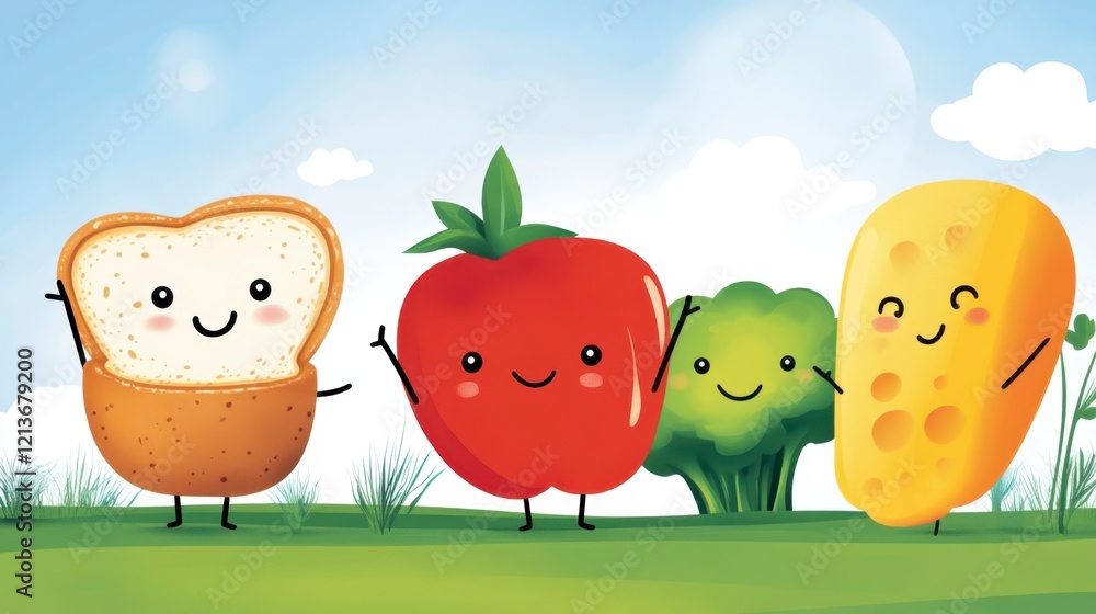 Cheerful Cartoon Fruits and Vegetables with Smiling Faces in Nature Cheerful Cartoon Fruits and Vegetables with Smiling Faces in Nature