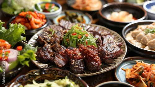 Mouthwatering Korean Barbecue Platter with Fresh Ingredients and Sides