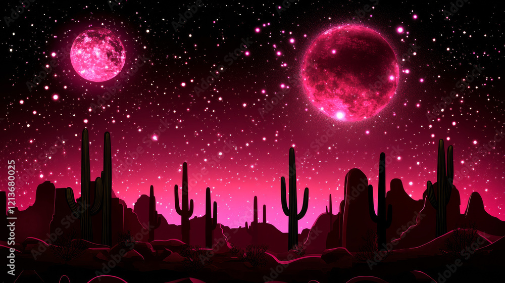 Fototapeta premium Desert landscape with pink moons and stars