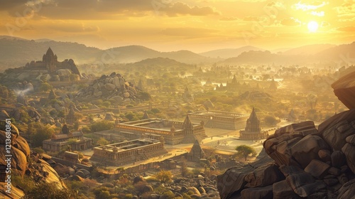 Panoramic View of Historic Ruins at Dusk in Hampi, India