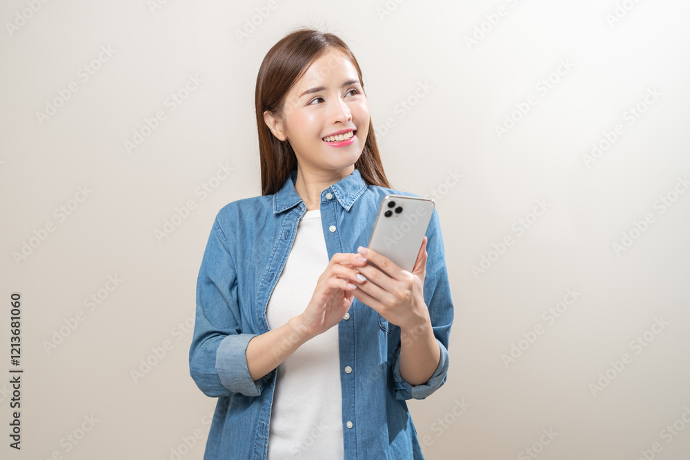 Happy asian young woman using mobile smart phone, read good news online, laugh excited getting offer, great positive surprise, celebrate success on smartphone. Smile girl isolated on white background. Happy asian young woman using mobile smart phone, read good news online, laugh excited getting offer, great positive surprise, celebrate success on smartphone. Smile girl isolated on white background.