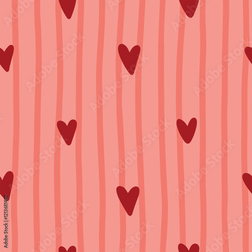 Hand drawn seamless pattern with stripes and hearts. Hand drawn pattern. Love romantic theme. Vector abstract texture great for design, postcards, Valentine's Day, Mother's Day, textiles, wallpapers, 