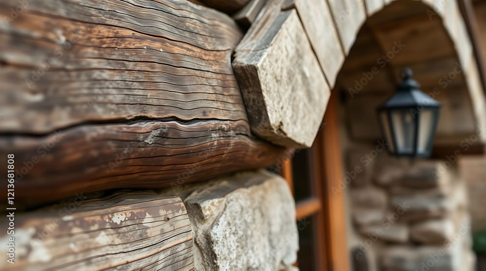 Rustic Log Cabin Exterior: Weathered Wood and Stone Architecture. A Detailed Look at the Textured Walls and Vintage Design Elements of a Charming Home. Rustic Log Cabin Exterior: Weathered Wood and Stone Architecture. A Detailed Look at the Textured Walls and Vintage Design Elements of a Charming Home.