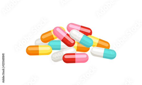 Antibiotic in capsules. Pile of colorful pills. Vector cartoon flat illustration of medication.