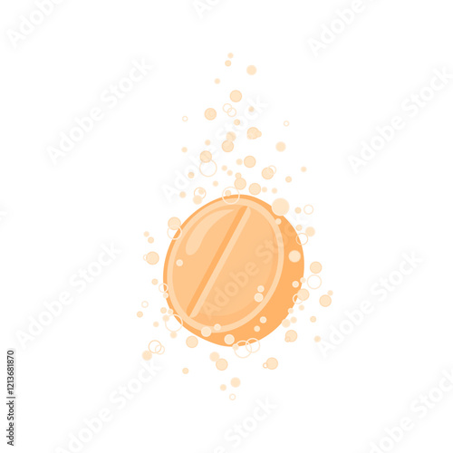 Effervescent orange tablet isolated on white background. Vitamin C pill soluble in water. Vector cartoon flat illustration.