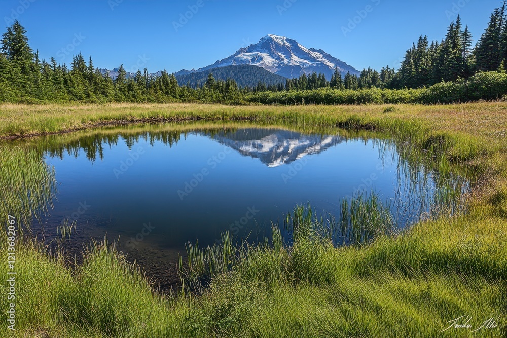 Mountain reflection in tranquil pond, meadow, sunny day, travel poster Mountain reflection in tranquil pond, meadow, sunny day, travel poster