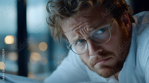 Intense focused individual working late city office portrait urban setting close-up emotional concentration