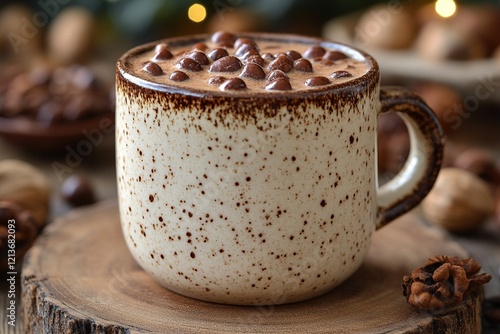 Hot chocolate with mini marshmallows, nuts, festive lights on wood photo