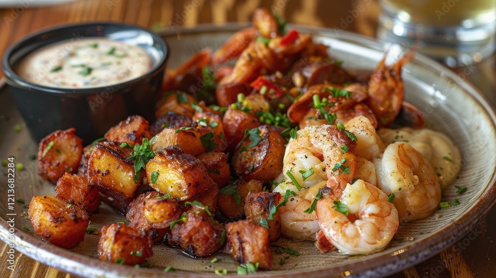 Delicious Spanish Tapas Plate with Shrimp and Patatas Bravas Delicious Spanish Tapas Plate with Shrimp and Patatas Bravas