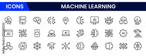 Artificial intelligence set of web icons inline style. AI technology icons for web and mobile apps. Machine learning, digital AI technology, algorithm, smart robotics, cloud computing network