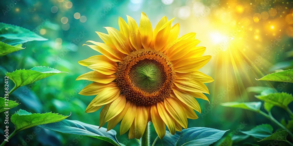 Fototapeta premium Double Exposure Sunflower Photography, Surreal Sunflower Art, Green Leaves, Botanical Double Exposure, Nature Photography, Sunflower Image, Artistic Sunflower