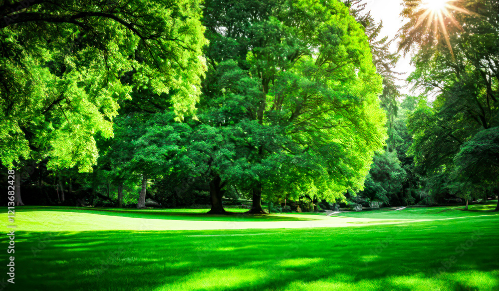 Obraz premium Nature sanctuary a bench awaits under shady trees amidst verdant tranquility