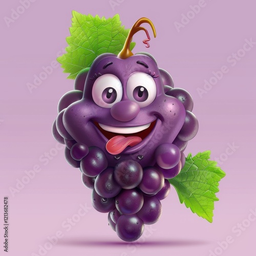 Playful Purple Grape Mascot with Joyful Expression and Leaf