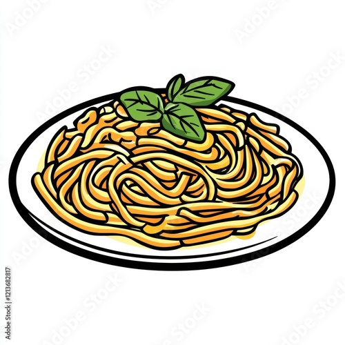 Plate of spaghetti with basil garnish photo