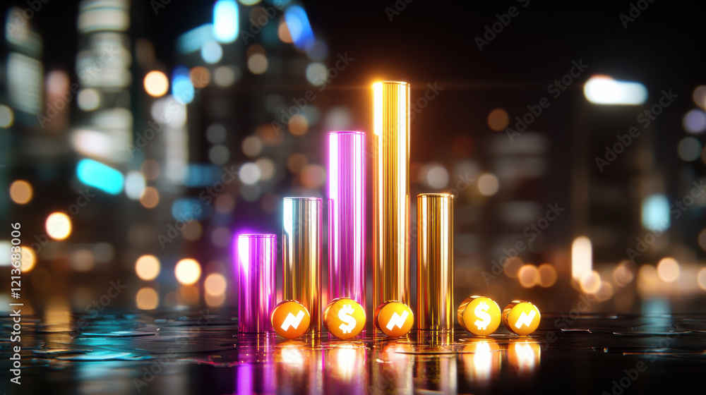 Obraz premium vibrant 3D bar chart with glowing colors representing financial growth, set against blurred city skyline. chart features currency symbols, conveying sense of prosperity and investment