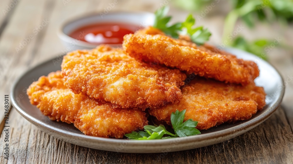 Breaded chicken cutlets with ketchup and parsley on a plate Breaded chicken cutlets with ketchup and parsley on a plate