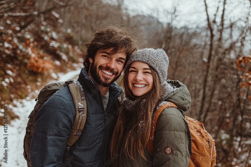Hikers couple smiling during winter trekking in snowy mountain path Hikers couple smiling during winter trekking in snowy mountain path