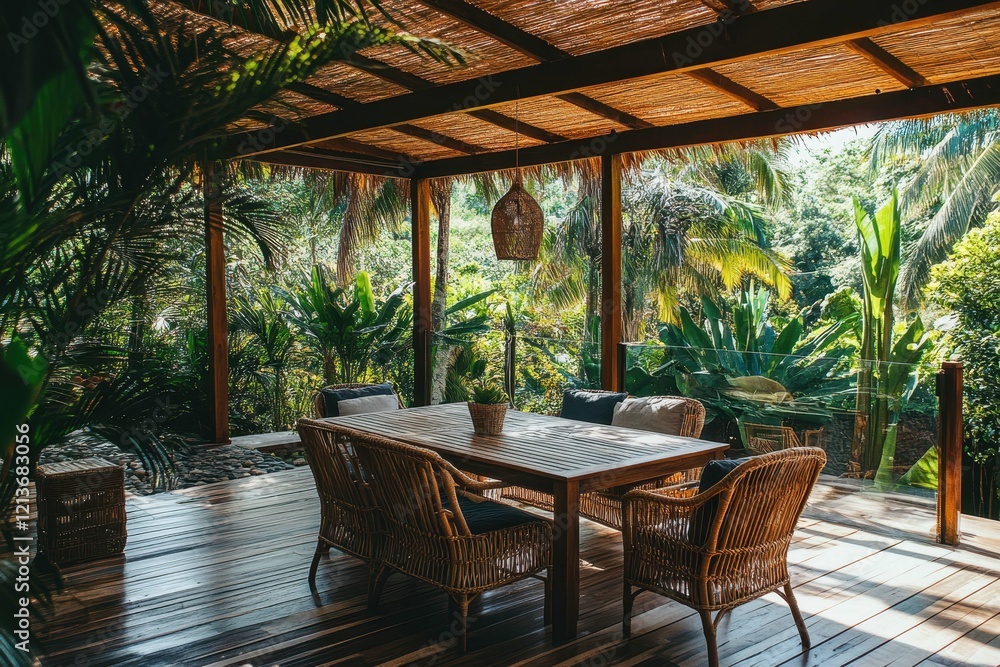 Fototapeta premium Cozy outdoor dining area surrounded by lush greenery in a tropical setting