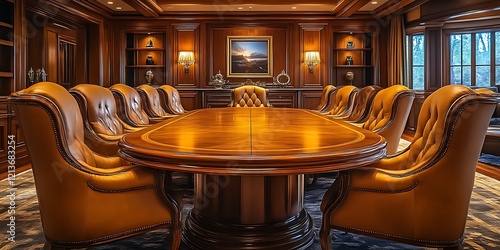 Luxurious conference room with mahogany table and leather chairs.