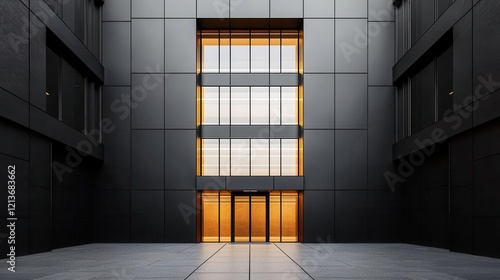 A modern bank building with a highceilinged entrance framed by sleek black and gold panels photo