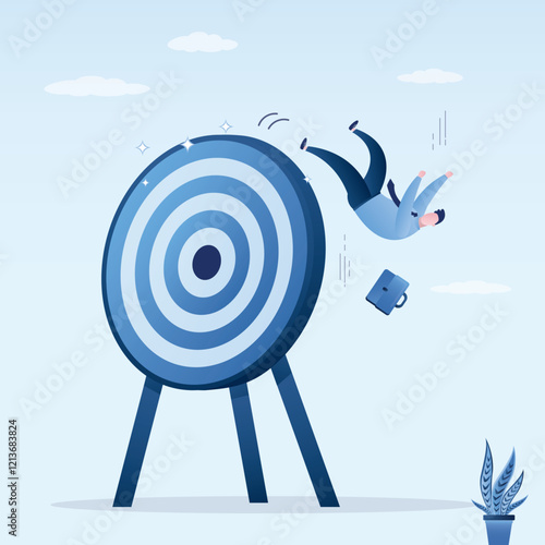 Missed business goals. Businessman slips and falls from giant target. Concept of failed process. task failed. failure and mistake. Tasks not completed.