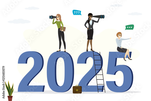 Group of confident businesswomen climbed up ladder on giant numbers. New year 2025 outlook, economic forecast, future vision. Business opportunity or difficulties ahead,