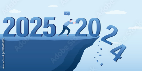 Businessman or user throws numbers 2024 off cliff. End of year, celebration of new 2025. Hope for better next year. Opportunity, change to successful business, bright future.