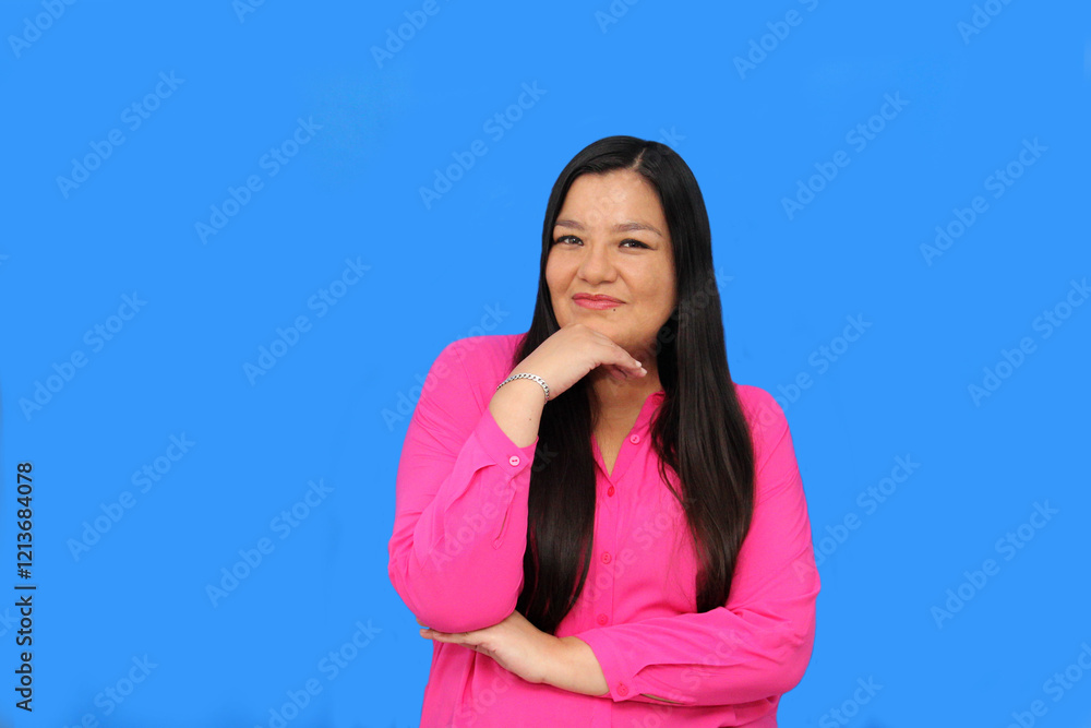 Happy and successful 40 year old Latina woman with long straight brown hair smiles and poses for the camera relaxed and calm Happy and successful 40 year old Latina woman with long straight brown hair smiles and poses for the camera relaxed and calm